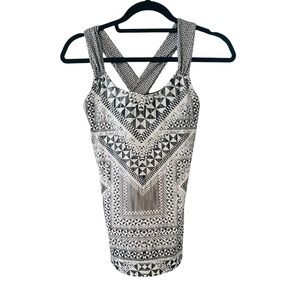 Prana Cross Back Tank Top Geometric Pattern Black/Grey and White Size Small